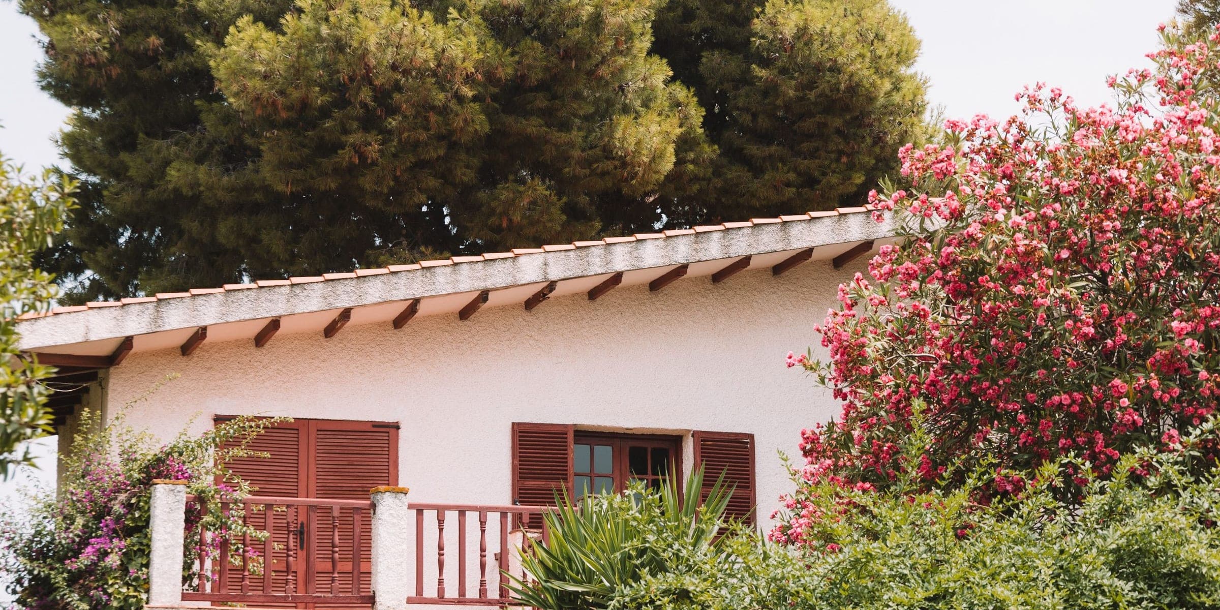 Single-story white stucco home with a tile roof, wood shutters and flowering shrubs