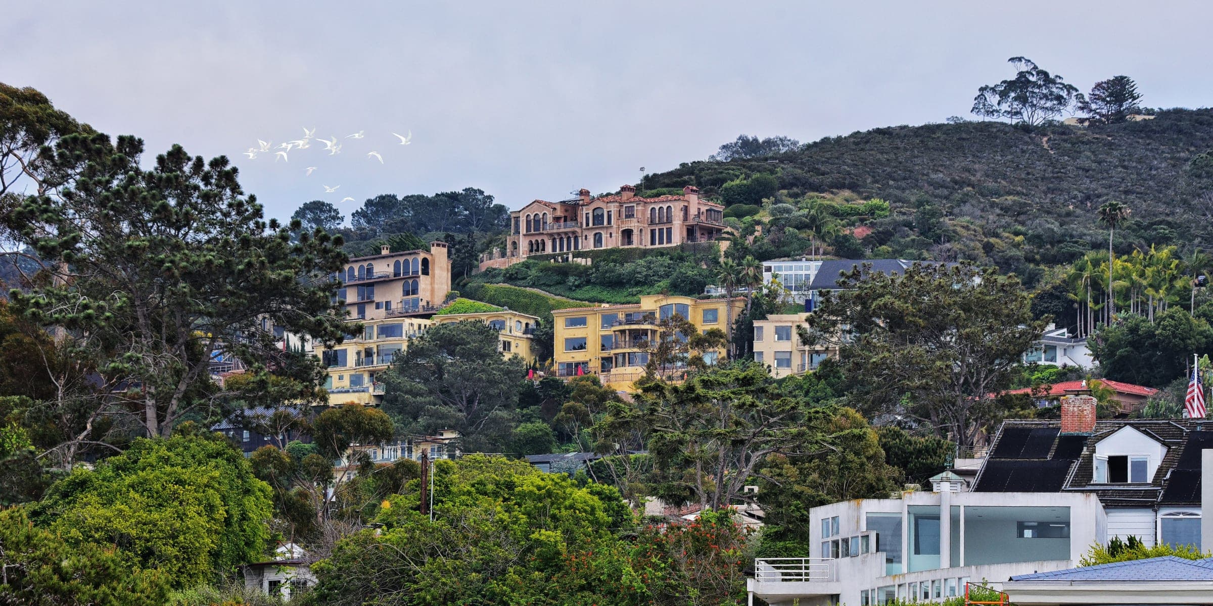 Large homes and villas stepping up a green hillside under soft gray skies