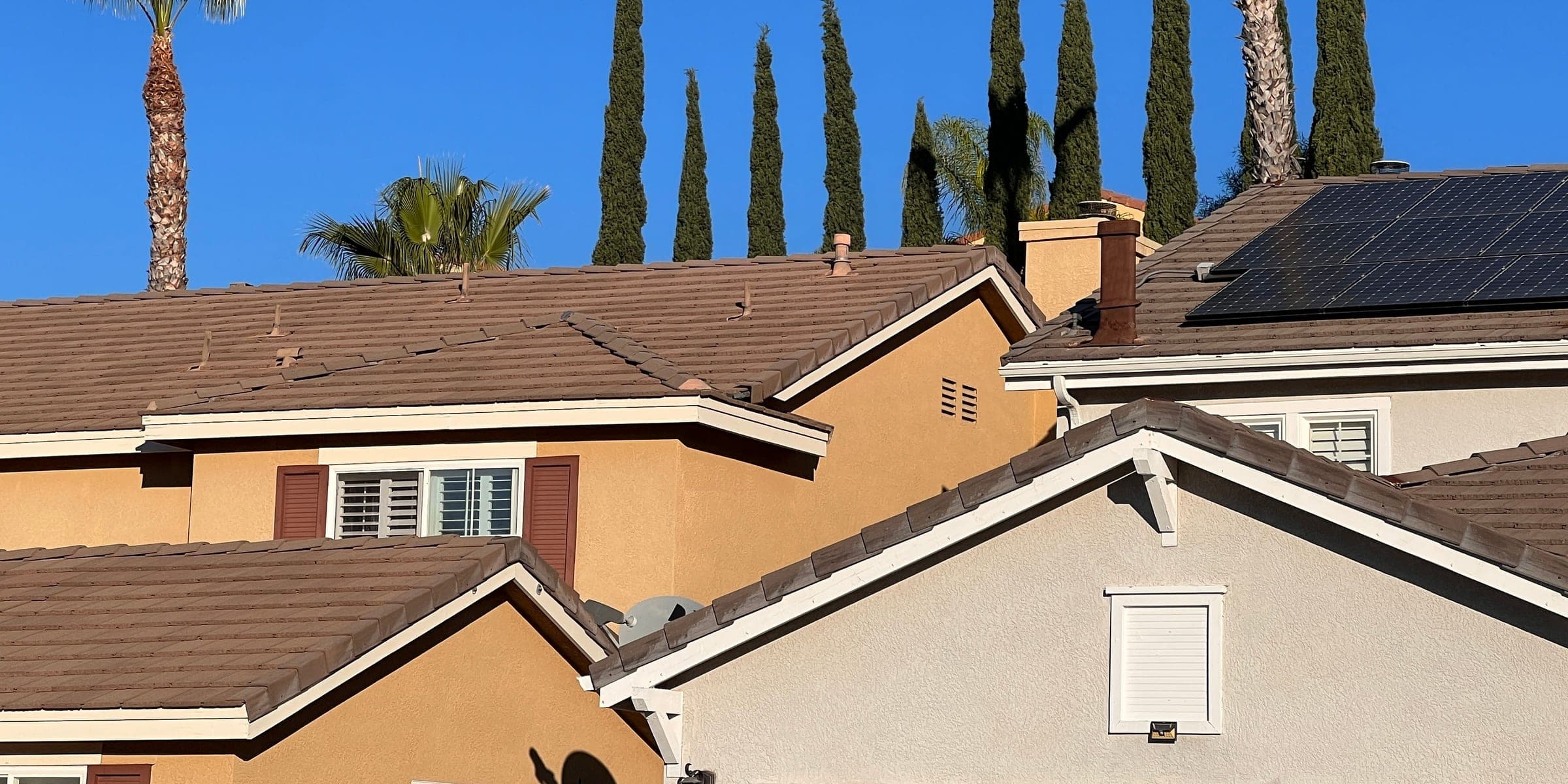 Tan stucco suburban homes with tile roofs, palm trees and cypress trees against blue sky