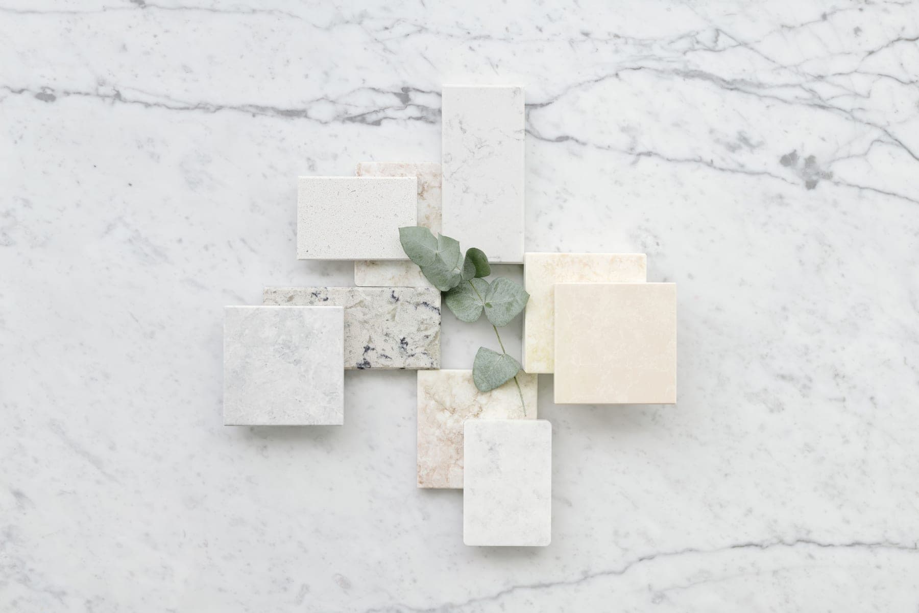 Stone countertop samples laid out on a marble surface with a eucalyptus sprig