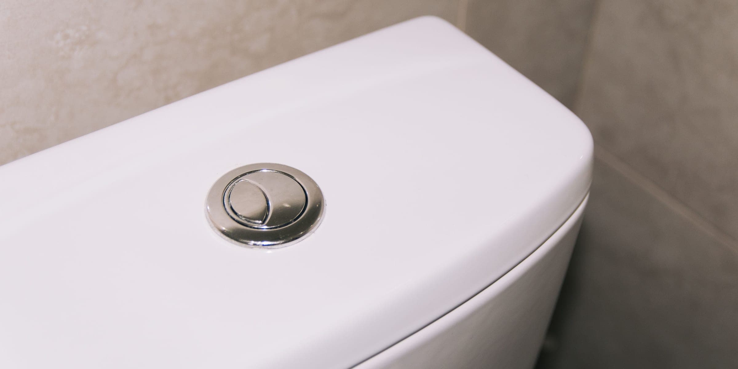 Close-up of a white toilet tank with a round chrome dual flush button